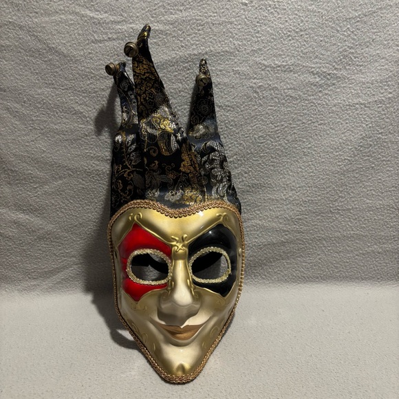 Full face Jester Joker Venetian Masquerade carnival mask wall decor gold 3 bells - Picture 1 of 8